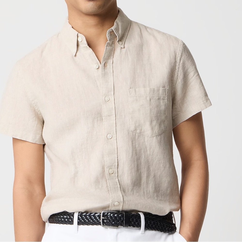 J. Crew Factory Men's Short Sleeve Linen-Blend Tan Shirt
